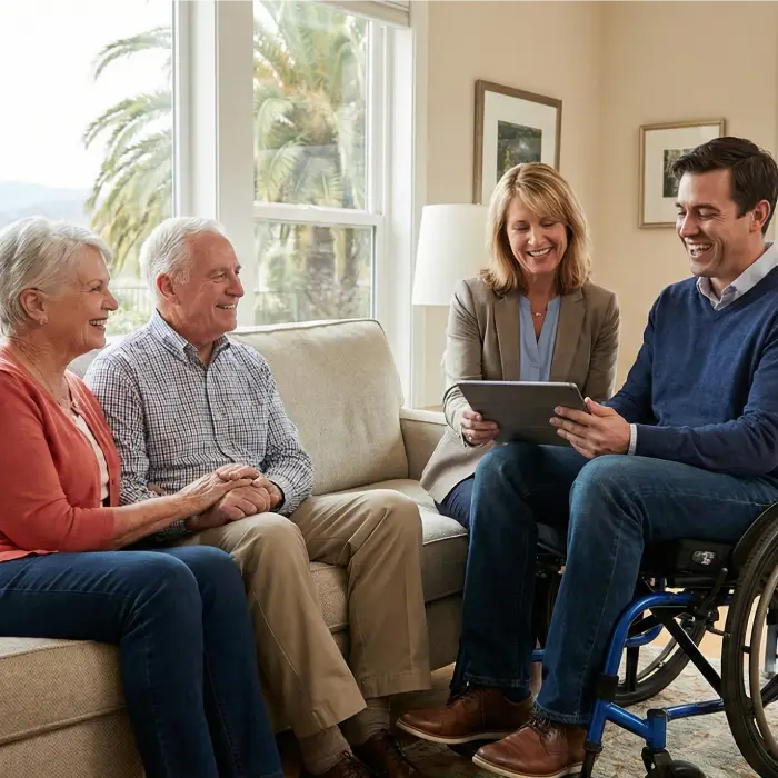 A special needs trust attorney reviewing a legal document with a family