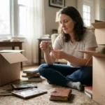 Woman sitting on a living room floor among moving boxes, looking at a keepsake necklace from a loved one's belongings