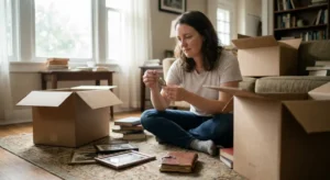 Woman sitting on a living room floor among moving boxes, looking at a keepsake necklace from a loved one's belongings