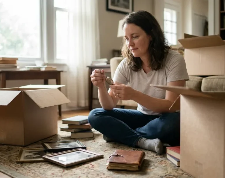 Woman sitting on a living room floor among moving boxes, looking at a keepsake necklace from a loved one's belongings
