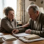 Adult child comforting an elderly parent while they review inherited property documents at a dining table