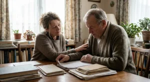 Adult child comforting an elderly parent while they review inherited property documents at a dining table
