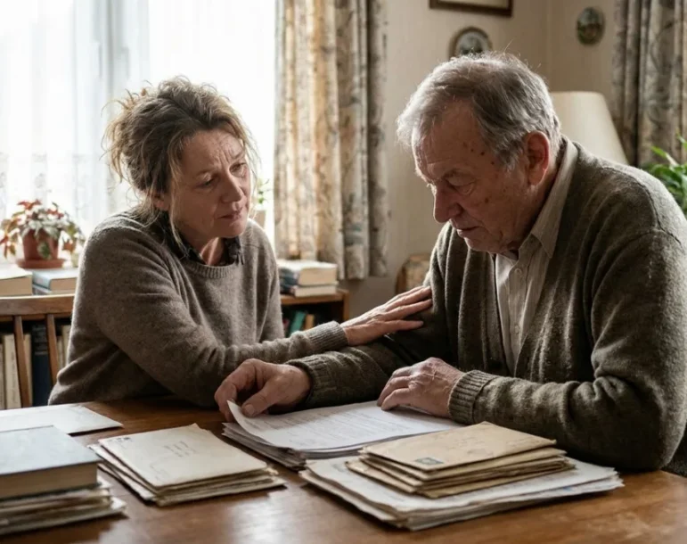 Adult child comforting an elderly parent while they review inherited property documents at a dining table